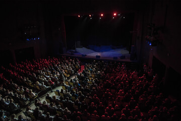 Interior theater stand, auditorium large concert hall, audience sitting chairs
