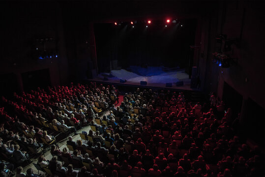 Interior theater stand, auditorium large concert hall, audience sitting chairs