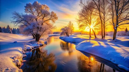 Naklejka premium Silhouetted Trees and Snowy River in Winter Landscape - Dramatic Winter Scene Stock Photo