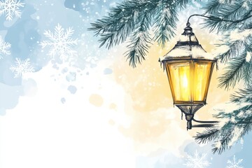 Glowing street lantern illuminating winter wonderland with snowflakes and evergreens during a...