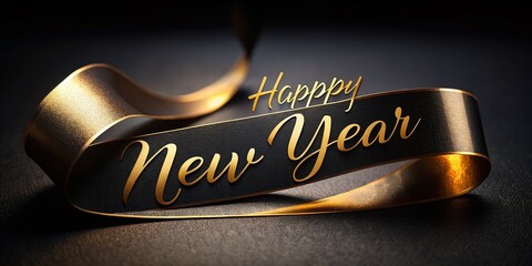 Silhouette Happy New Year Black Ribbon Golden Text - Festive New Year's Eve Celebration Stock Photo
