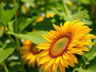 Vibrant Sunflower Bloom in Green Field Under Bright Sunlight Captured in Stunning Detail Showcasing Nature's Beauty and Colorful Petals in Full Glory