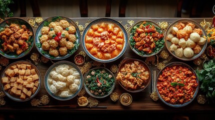 Fototapeta premium Celebratory Eastern New Year feast featuring a variety of traditional dishes served in festive presentation