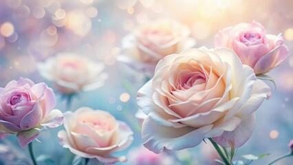 Soft pastel roses with delicate petals in a blurred background texture, creating a dreamy and ethereal atmosphere , romantic atmosphere, gentle hues