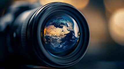 A creative digital artwork showcasing the planet Earth beautifully reflected in a camera lens, symbolizing global photography, exploration, and the interconnectedness of the world through technology