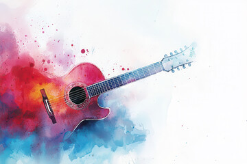 Vibrant watercolor guitar with intricate details and colorful splashes isolated design on white background