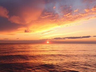 Obraz premium Serene Sunset Over Tranquil Ocean Waves with Vibrant Colors Reflecting on the Water Surface in a Peaceful Natural Landscape Scene