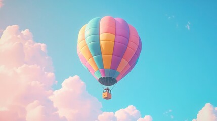 Fototapeta premium Pastel hot air balloon floats gently above fluffy clouds a dreamy scene.