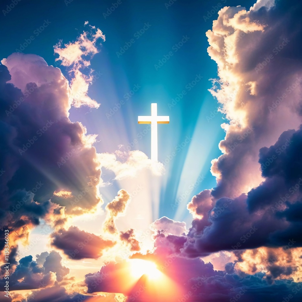 Poster A beautiful sunrise breaks through clouds, shining rays of light around a white cross. The sky is painted in colors of dawn, creating a serene and uplifting atmosphere. Generative AI