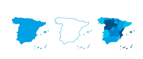 Spain set of three maps - solid map, outline map and map highlighting administrative divisions. Three distinct maps illustrate various representations of a geographical area.