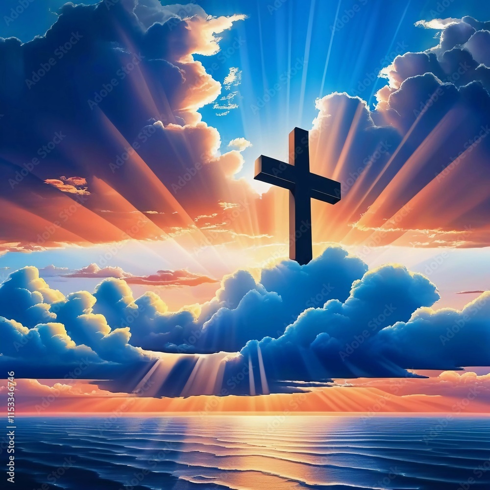 Poster A beautiful sunrise breaks through clouds, shining rays of light around a black cross. The sky is painted in colors of dawn, creating a serene and uplifting atmosphere. Generative AI