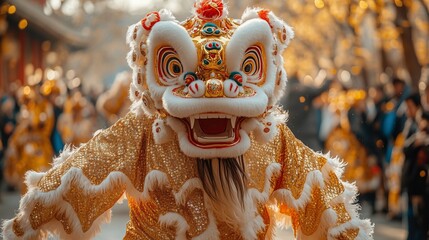 Vibrant lion dance celebration marking Eastern New Year with colorful costumes and festive atmosphere
