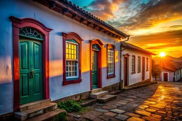 Silhouette of Colorful Colonial House Doors & Windows, Tiradentes, Minas Gerais, Brazil