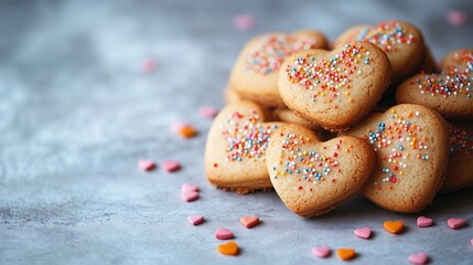 Heart-shaped cookies with colorful sprinkles on a light background with copy space ideal for celebrations and special occasions, bakery ads, confectionary promos. Valentine Day sweets