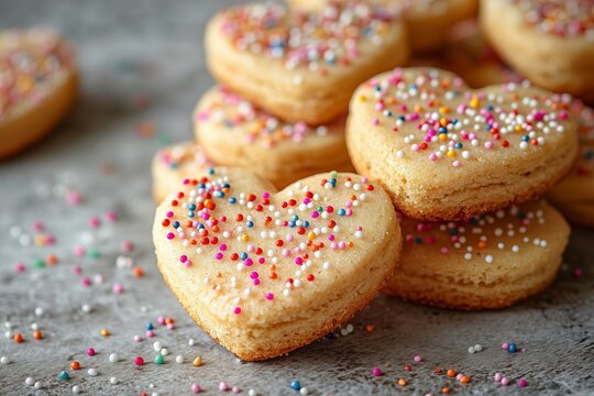 Heart-shaped cookies with colorful sprinkles on a neutral background with copy space ideal for celebrations and special occasions, bakery ads, confectionary promos. Valentine Day sweets