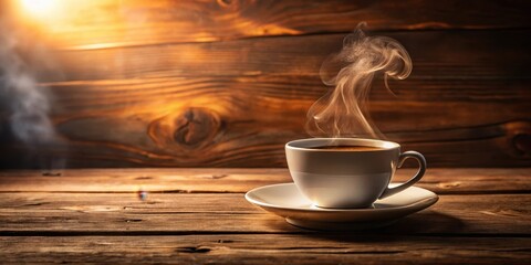 A steaming cup of aromatic hot coffee sits on a minimalist wooden background, surrounded by a subtle warm glow , morning