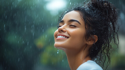 Fototapeta premium Indian woman smiling on a rainy day watching the raindrops fall