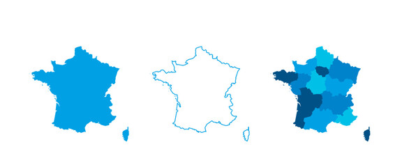France set of three maps - solid map, outline map and map highlighting administrative divisions. Three distinct maps illustrate various representations of a geographical area.