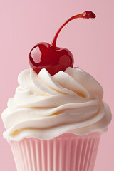 Swirl of whipped cream dessert close up detail texture crowned with glossy red cherry on top, against pastel pink background.