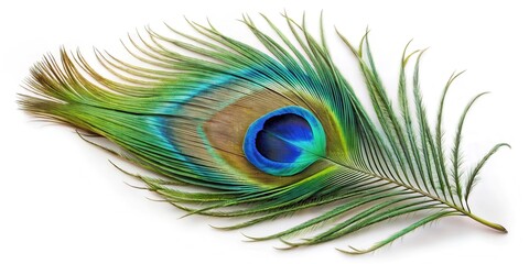 Fototapeta premium A stunning peacock feather in shades of blue and green, perfectly centered against a clean white surface, highlighting its unique shape and intricate patterns, detailed, texture