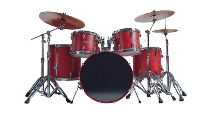 Red drum set with cymbals and stands, isolated on transparent background