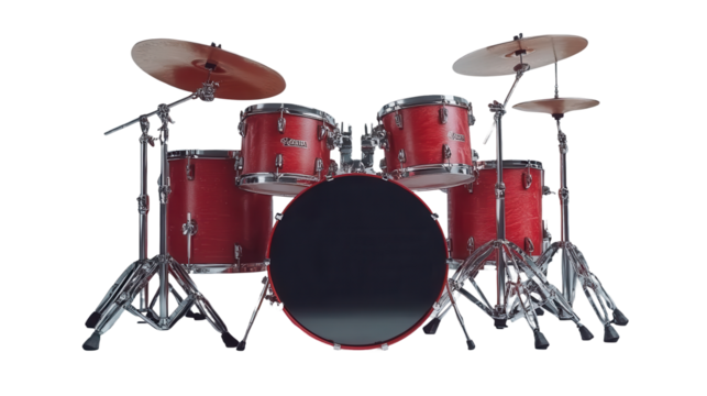 Red drum set with cymbals and stands, isolated on transparent background