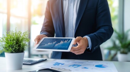 Businessman analyzing digital charts in modern office environment for strategic insights