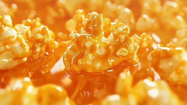 Ultra-realistic ad of gourmet caramel popcorn with golden color, glossy caramel, and crunchy texture
