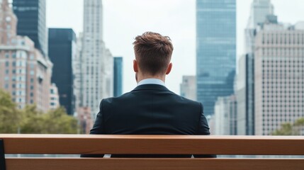 Businessman Contemplating Career Setback, Seated on a Bench, Cityscape Background Reflecting Ambitions and Challenges