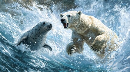 Polar Bear Hunting Seal in Arctic Ocean Waves