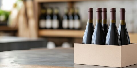 Eco-Friendly Wine Packaging Concept Sustainable Cardboard Box Holding Five Bottles of Red Wine.