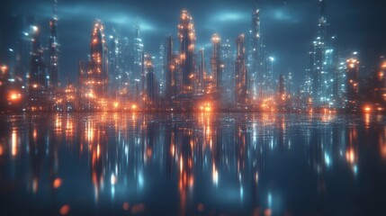 Naklejka premium Futuristic city skyline reflected in water at night.