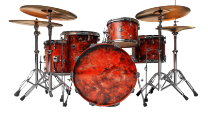 Red drum set with cymbals and stands, isolated on transparent background