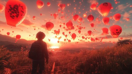 Fototapeta premium Boy watching hundreds of sky lanterns at sunset.