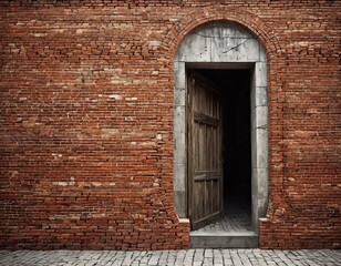 A solid brick wall displays an elegant arched entrance, revealing a rustic wooden door that stands ajar, inviting curiosity about the space beyond. Generative AI