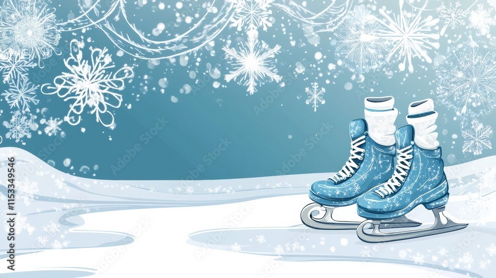 Aufkleber winter themed doodle featuring ice skates on a snowy background with snowflakes and a blue sky. gene