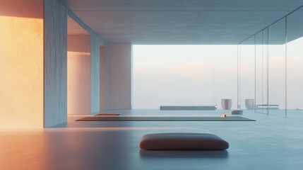 Serene minimalist room with sunset view perfect for meditation yoga or relaxation.