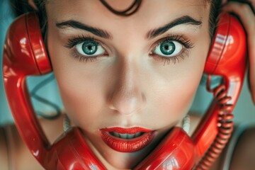 Close up of a woman with red lipstick holding two red vintage telephone receivers near her face, creating a striking visual