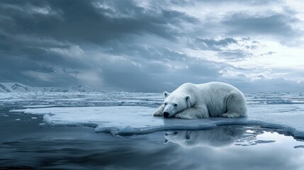 Polar Bear Resting on Melting Arctic Ice Floe