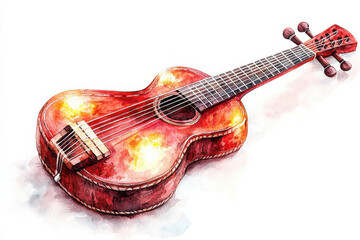 Watercolor painting of ukulele with intricate string details isolated design on white background