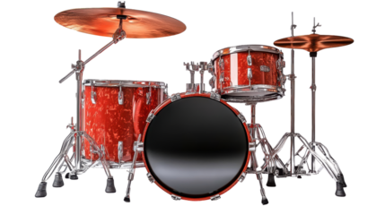 Red drum set with cymbals and stands, isolated on transparent background