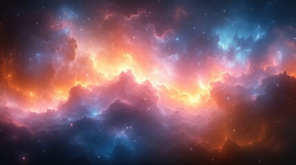 Naklejka premium Cosmic Nebula, fiery orange and blue gas clouds in space.