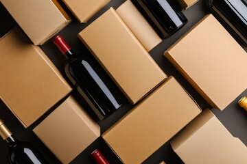 Wine Bottle Packaging for Courier Delivery, Top View Showing Cardboard Boxes and Bottles Ready for Shipment