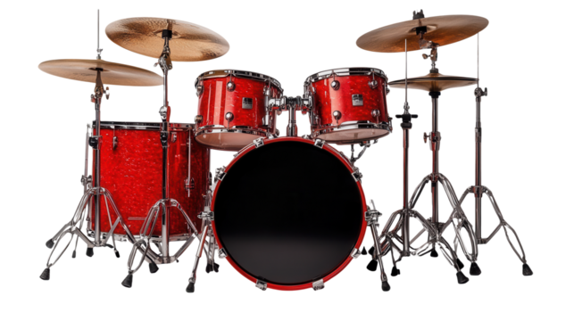 Red drum set with cymbals and stands, isolated on transparent background