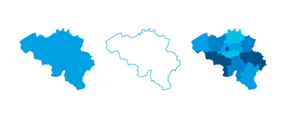 Belgium set of three maps - solid map, outline map and map highlighting administrative divisions. Three distinct maps illustrate various representations of a geographical area.