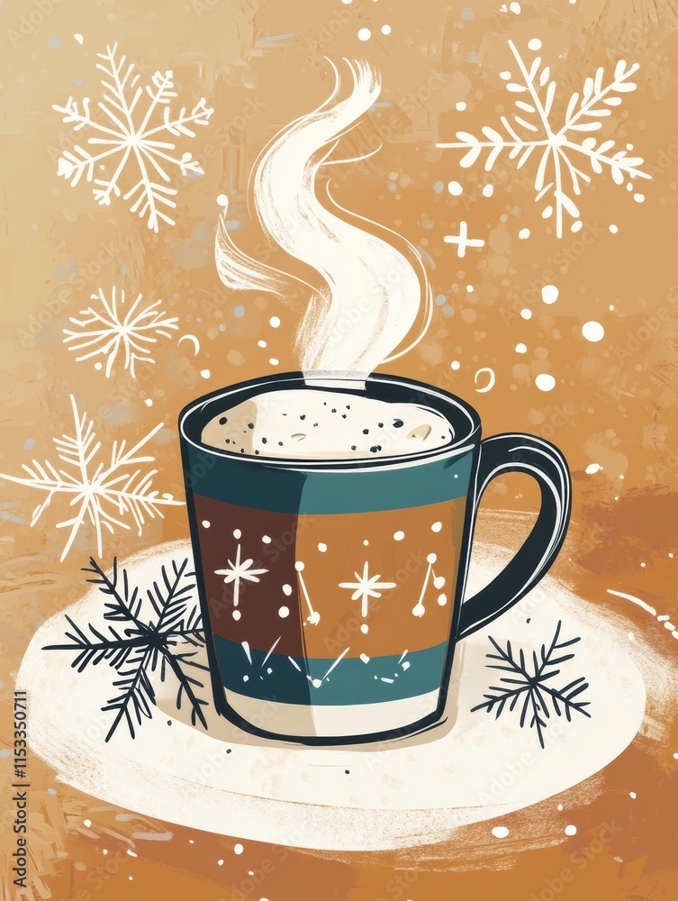 Poster cozy winter theme featuring a steaming mug of hot chocolate with elegant snowflakes and a warm backg
