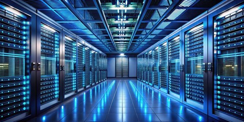 Fototapeta premium Modern data center with rack servers and supercomputers in a dimly lit corridor, surrounded by rows of humming machinery, server farm, industrial facility