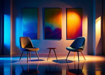 Silhouette of Two Chairs & Abstract Art, Dark Beige & Indigo Modern Interior