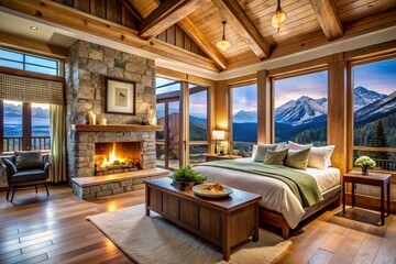 Rustic Mountain Ski Lodge Cabin Bedroom Spa: Cozy Relaxation Retreat