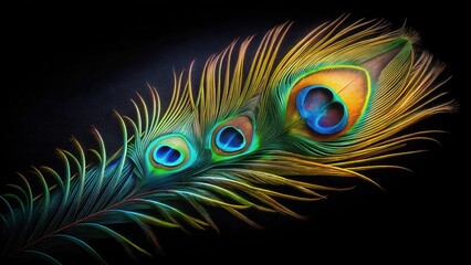 Obraz premium A majestic peacock feather spreads its vibrant colors on a sleek black background, showcasing intricate patterns and subtle sheen , ornithology, wildlife